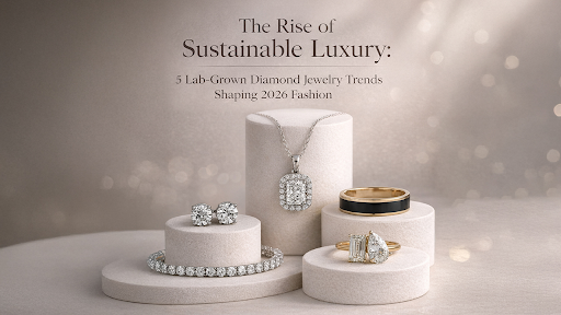 Lab grown diamond jewelry collection featuring rings, necklace, bracelet and studs showcasing sustainable luxury trends for 2026