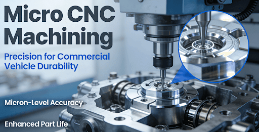 CNC machine processing a commercial vehicle engine part with micron-level accuracy, highlighting precision engineering
