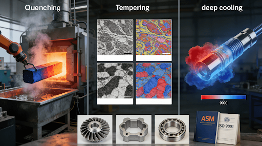 Tool steel heat treatment optimization process showing quenching, tempering, and microstructure transformation for enhanced performance