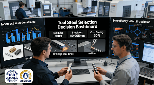 Tool steel selection decision dashboard for CNC turning showing 100% tool life improvement and 30% cost savings through scientific material selection