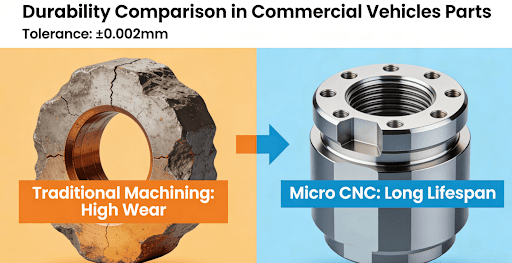 Comparison diagram showing traditional machining vs. micro CNC machining for commercial vehicle parts, focusing on surface quality and durability.
