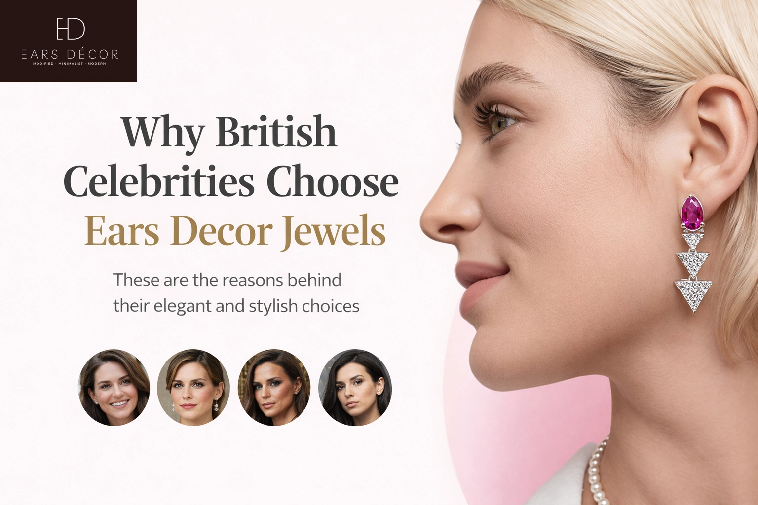 Woman wearing elegant gemstone drop earrings in an Ears Décor Jewels promotional banner